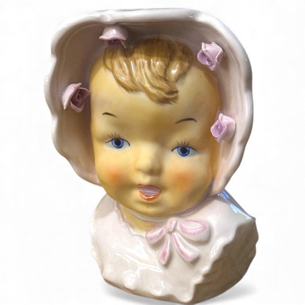 Vintage Ceramic Baby with Bonnet Head Vase Multicolor Floral Design - Picture 2 of 3